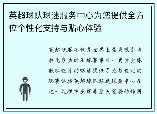 英超球队球迷服务中心为您提供全方位个性化支持与贴心体验 英超球队球迷服务中心为您提供全方位个性化支持与贴心体验