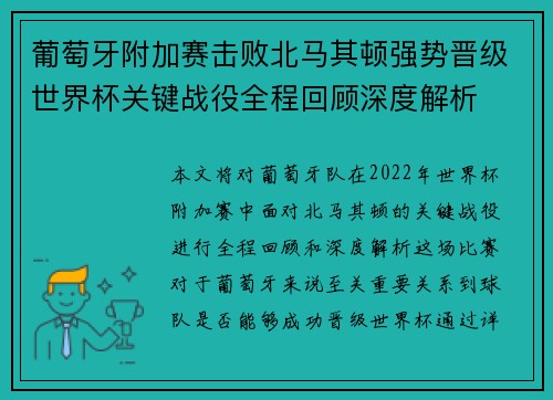 葡萄牙附加赛击败北马其顿强势晋级世界杯关键战役全程回顾深度解析 葡萄牙附加赛击败北马其顿强势晋级世界杯关键战役全程回顾深度解析