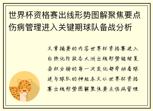 世界杯资格赛出线形势图解聚焦要点伤病管理进入关键期球队备战分析 世界杯资格赛出线形势图解聚焦要点伤病管理进入关键期球队备战分析
